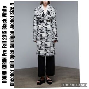 DONNA KARAN Pre-Fall 2015 Black White Checker Knit Open Cardigan Jacket Size 4